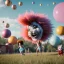 Placeholder: Ultra realistic circus scene. Sweet big hair monster flying. Child’s playing, strong man, smile, happy, color bubbles, smooth color, waist up view, Wes Anderson style, dark ambient, highly detailed, concept art, unreal engine 5, god rays, ray tracing, RTX, lumen lighting, ultra detail, volumetric lighting, 3d, finely drawn, high definition, high resolution.