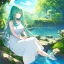 Placeholder: very gorgeous anime girl dressed in white dress, very detailed, trees, blue birds flying, green trees, creek,water, eyes closed, sitting on a rock meditation pose