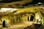 Placeholder: A pale greenish yellow underground mining village designed in Lascaux cave paintings painted by Claude Monet