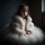 Placeholder: A girl, in a large puffer jacket, a white tutu skirt, resting, soft light