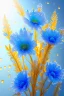 Placeholder: Blue flowers with dew drops, silver leaves and stems, golden ice, orange color background, glow, sun rays and glare, high detail, full detail, high resolution, glow, rendering, photorealistic, 55 mm, volumetric lighting, ray tracing, reflections studio lighting 4k poster acrylic art