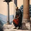 Placeholder: (Art by Victor Man, 2023), tattooed gangsta monk on the hill, He is leaning against a column in the temple, huile sur papyrus, 60 x 84 cm