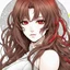 Placeholder: A confident modern woman with long brown hair and red eyes, colored manga style, intricately detailed