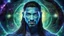 Placeholder: beautiful gorgeous young man na'vi with long hair, Avatar, blue skin, two small ears, green eyes, black hair, in cosmic suit, galactic ambiance, medium pointy goatee , smiling, nebulas and sacred geometry light figures on the backgroud,