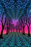 Placeholder: Cosmological escape route; undersides of pretty colors covered in repeating black optical patterns inspired by M.C. Escher with interlocking geometric tessellations that transition from abstract shapes into the forms of flowers and trees in nature