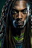 Placeholder: Long shot, exteme wide shot, Head in frame, Whole body in frame, ultra detailed, Creative, original character, original superhero character Stunningly handsome man with dark brown blue streaked neck-length dreadlocks, straight nose, dark skin, gorgeous broad young face, kind roguish steel hazel eyes, wearing white, yellow, and green superhero body suit, hyperrealism, by Greg Rutkowski,by anna dittmann,trending on artstation