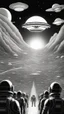 Placeholder: A land filled with hundreds of aliens in a bright light at the end of the picture a huge spacecraft object hovering above , cinematic, 8k, in black and white, fine line draw
