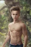 Placeholder: full body image of a beautiful 12 year old arabic boy with long, blonde curly hair and light blue eyes, smiling, shirtless, in front of a distant jungle