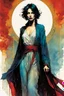 Placeholder: create a wildly imaginative full body portrait of an ethereal, otherworldly , medieval female vampire sorceress with extremely short hair in ragged ornate robes , in the comic book art style of Bill Sienkiewicz, Mike Mignola, and Jean Giraud Moebius, with highly detailed feminine facial features , finely drawn, colored and inked,