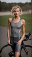 Placeholder: photography of a beautiful anorexic woman, grey satin triathlon top, sports illustrated, blond short wavy bob haircut, pronounced sternum, flat chest, anthracite cycling leggins