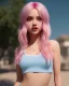 Placeholder: Cherry Crush, big eyes, upturned nose, long light pink hair, highly detailed, mini skirt and crop top, 8K, photorealistic rendering