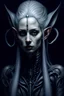 Placeholder: Hyper-realistic, intricately detailed fantasy portrait in the style of H.R. Giger and Yoshitaka Amano. Female elf with pronounced long ears, light grey hair in a bun, and light grey eyes against chalky white skin. Spotlight on dark attire: black scarf and robe, bare arms.