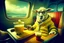 Placeholder: Realistic Grainy vintage analogue glitchy photograph of a contented sow wearing yellow tinted tactical eyewear and Hawiian shirt sitting next to a sheep with a hoodie reclining on a plane window seat, a Bloody Mary drink with a celery stick garnish sits on seat tray, cloudy skies, faded color old photo, low contrast, vignette, bokeh, heavy film grain and static, absurd