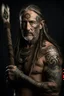 Placeholder: clean shaven middle aged long haired celtic warrior with tribal tattoos and spear