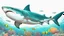 Placeholder: comic style, realistic coloring, underwater, coral reef, shark