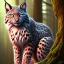 Placeholder: close up on lynx in a tree in magical forest,another red owl in the background, fantasy book cover art