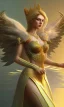 Placeholder: Female angel with big wings and golden crown floating above the ground in the dark, michelangelo style, detailed, world of warcraft style