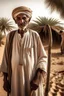 Placeholder: Old man, Arab, turban, white clothes, cattle, desert, council, sun, palm trees, mud houses, holding a stick, looking forward, a very slight smile.