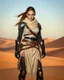 Placeholder: Dune Movie fullbody stand on the desert Young Woman Warrior futuristic clothing deep blue eyes in Dune Movie Character