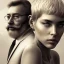 Placeholder: a young woman sitting next to a 50-year-old man with a beard and short hair, portrait, 8K, close-up face, anatomically perfect face, Highly detailed stunning full frame portrait, misty and cloudy atmosphere