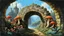 Placeholder: Mushrooms with octopus tentacles covering a crumbling stone wall and an arch behind, Roger Dean-style