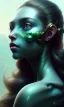 Placeholder: young girl, cute, beautiful, long curly hair, black hair, green alien skin, big flat nose, black eyes, big eyes, turquoise dress, head and shoulders portrait, 8k resolution concept art portrait by Greg Rutkowski, Artgerm, WLOP, Alphonse Mucha dynamic lighting hyperdetailed intricately detailed, avatar pandora