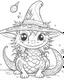 Placeholder: coloring pages for kids, semi-cartoon motif of a little dragon character, witch hat, white background, anime, illustration, dark fantasy, painting, cartoon style, thick lines, low detail, black and white, no shading, --ar 85:110