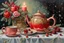 Placeholder: delicate oil painting, hyperrealism, detailed drawing, bright red, vintage pink, moderate olive green, gold, white, teapot and cup decorated with berries, candles, flowers, fir branches, cones in frost, small lights, starlight, beautiful, academic drawing, overdetalization, hyperdetalization, filigree, glare, soft light from the side, mysterious, raindrops, glow, stardust, mother of pearl, gentle, elegant, fragile, thin, fluffy, texture, fairy tale, magic