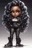 Placeholder: create an airbrush illustration of a chibi cartoon voluptuous black female wearing a black and silver outfit with timberland boots. Prominent make up with hazel eyes. Extremely highly detailed of a long wavy ombre hair. Background of a bike show