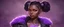 Placeholder: arcane tv show style, league of legends, solo, 1girl, attractive teenager, african, dark skin, dark-brown eyes, black hair, pair buns, (violet strand in forehead bang), necklace, earrings, modern makeup, (detailed skin texture), old leather jacket with violet fur collar, oversized torn t-shirt with half-erased unknown music group logo, You can see through the wide holes in the t-shirt her acid-green sport top, dark background, bokeh, cinematic atmosphere