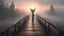 Placeholder: walking straight ahead over a wooden bridge, holding the angel of death with your right hand, entering the fog at the end of the road that leads to the afterlife, a stream from the mountains flows from the right and left, and a beautiful sunset behind the fog, realistic