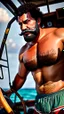 Placeholder: Turkish helmsman drives a fishing boat holding the helm, burly, strong beefy, in undershirt and boxer shorts, 42 years old, moustache, short beard, curly hair, in tank top and boxer shorts, photorealistic, view from the bottom, ambient occlusion, sunlight