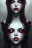 Placeholder: Vampire girl, cute, beautiful, white eyes, red lips, black hair, vampire tooth with bangs, goth, close up portrait by Greg Rutkowski