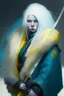 Placeholder: Pale short white woman with long blue hair, yellow eyes, a fur coated black coat and trousers. Samurai sword.