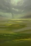 Placeholder: Oil painting, a vast green village where rain falls and turns anything it touches into gold