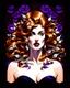 Placeholder: stunning Art Nouveau illustration depicts "," a powerful sorceress with cascading, wavy purplish hair interwoven with coppery tresses framing her face and adorned with delicate silver leaves. Her dramatic features include full, flaming lips and intensely beautiful brown eyes that convey ancient wisdom and command, angled slightly upward in a knowing gaze, and she is positioned according to the one-third rule composition. Behind her, a backdrop of swirling, stylized floral patterns in deep jewel