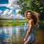 Placeholder: upper body closeup of very beautiful girl walks in water in country side , curly hair ,next to small clean water river,pretty clouds in blue sky