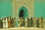 Placeholder: a group of people outside a gothic_arab glass gate in a turquoise wall by artist "Richard Dadd"