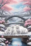 Placeholder: in the center: beautiful chunky white cats playing on a bridge with grey mice, under the brigde flows a small blue river; background: landscape, first plan: pink flowers: white clouds in shape of cats, season: winter and snowfall