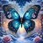 Placeholder: Beautiful filigree lacey butterfly, winter wonderland background, triple frosted heart with bi colored roses, glitter, glowing, transparent, sparklecore, Thomas Kinkade, realistic painting, 8K