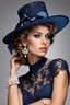 Placeholder: full body beautiful girl, elegant blue lace clothes of the 80s, luxury style, small elegant hat with feather, hair of the 80s, pearl necklace, earrings masterful, beautiful face