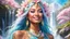 Placeholder: Photo realistic portrait of a gorgeous smiling skinny polynesian goddess with a golden dark shining skin, long smooth clear turquoise blue and pink white hair, blue eyes, in a sci-fi outfit with luminous strikes blowing a kiss in a hill of flowers with sakura trees, a waterfall, a crystal palace, loads of mini flowers, moss, sun rays through the branches, particles in the air at spring. Intricated details,