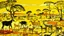 Placeholder: An orangish yellow savanna near a Karoo with animals designed in African pottery painted by Andy Warhol