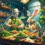 Placeholder: portrait of crazy scientist and army officer irradiating food inside grove with huge fluffy hare in the style of Escher, 4 k, down-light, soft light, depth of field, photo realism, trending on art station, high detail, spray paint