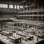 Placeholder: Totalitarian brutalist factory assembly line with workers