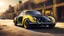 Placeholder: super sport car, concept art, black an yellow, volks wagen beetle influence, nice paint, sport sponsors, number 9, rude, duty, briliant, perfect painted, shinning, lights on, black glasses, intrincate details, high definition picture, 3/4 angle, on desertic street.