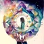 Placeholder: A watercolour painting,The artwork shows a person with a kaleidoscope in their hand, through which they view the world. The images within the kaleidoscope shift between real-life elements and fantastical creations, representing the constant blending of reality and imagination in their perception.