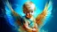 Placeholder: Beautiful baby angel, double exposure fantasy, blue, gold, glitter, fine detailing, hyperrealism, vibrant colors, photorealism, 3D, acrylic and watercolor elements, heart.