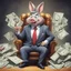 Placeholder: rich pig in suit on a throne making stacks of money by making a deal with a buisnessman. bugs bunny making sick beats in a background as he is known musician