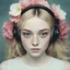 Placeholder: Futuristic Polaroid head shot of dakota fanning,she has freckles on her face, hair adorned with big flowers, red cheeks and nose, headphone